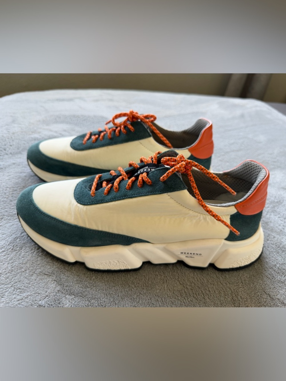 MaxMara Cream and Forest Green Sneakers with Orange Accents, EU 40, US 10